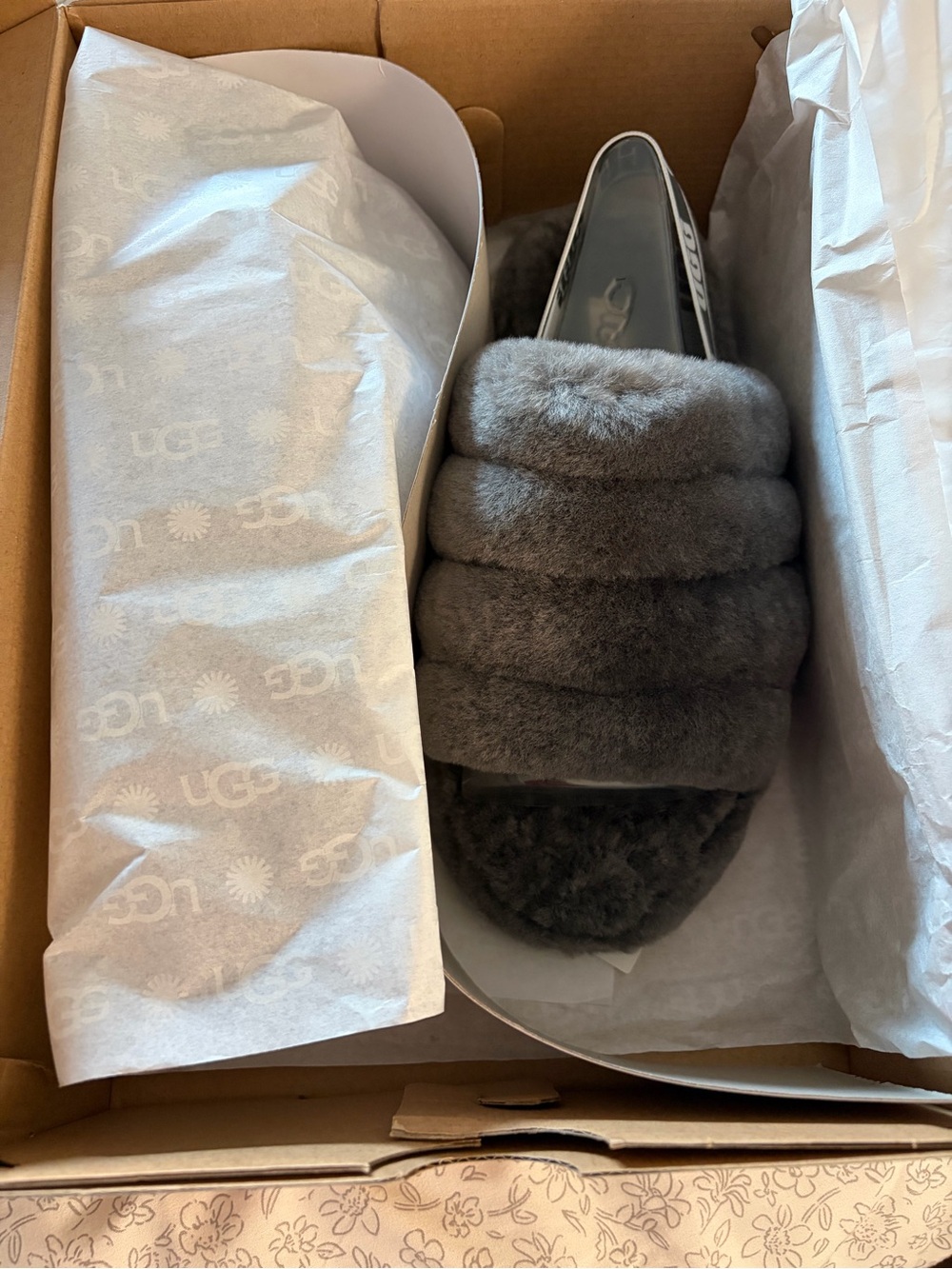 UGG Women's Gray Plush Slide Slippers